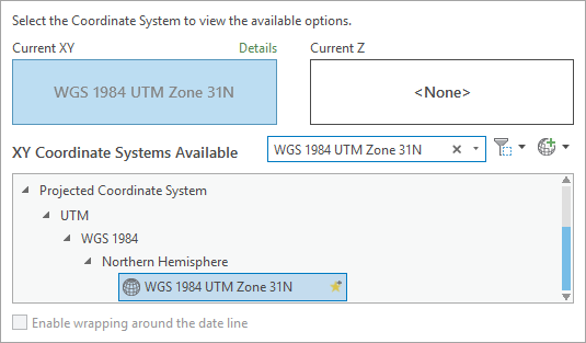 WGS 1984 UTM Zone 31N selected as the Current XY coordinate system