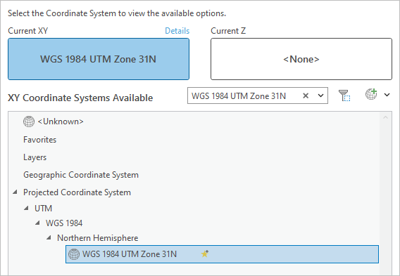 WGS 1984 UTM Zone 31N selected as the Current XY coordinate system