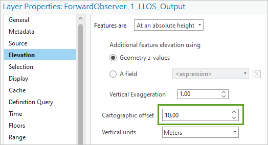 Cartographic offset set to 10 meters in the Layer Properties window