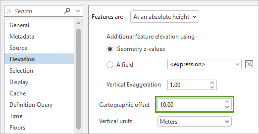 Cartographic offset set to 10 meters in the Layer Properties window