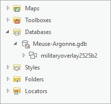 Meuse-Argonne geodatabase expanded in the Catalog pane