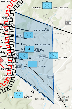 A transparent blue polygon fills the allied territory between Control Measure lines XXX and XX.