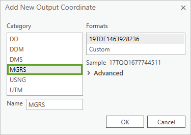 MGRS in the Category list of the Add New Output Coordinate window