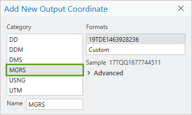 MGRS in the Category list of the Add New Output Coordinate window