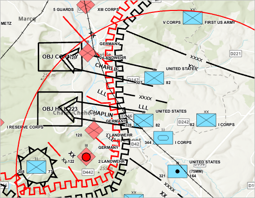 A red circle around the artillery regiment stretches to the outside of Hill 223.