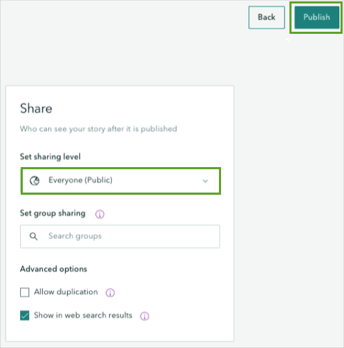 Share set to Everyone (Public) and the Publish button in the Publish options window