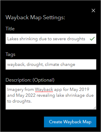 Wayback Map Settings window
