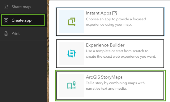 ArcGIS StoryMaps in the Create app menu