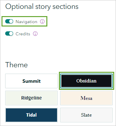 Navigation turned on and Theme set to Obsidian in the Design pane