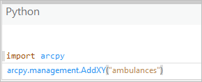 Type the code to add XY fields to the ambulances feature class.