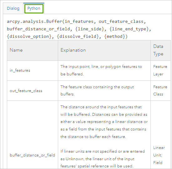 Buffer tool help parameters for Python