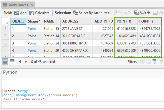 X and Y coordinates added to the table.