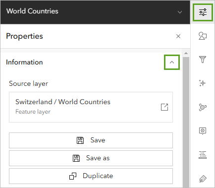 Properties button and Source layer