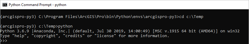 Python console running in the Python command prompt.