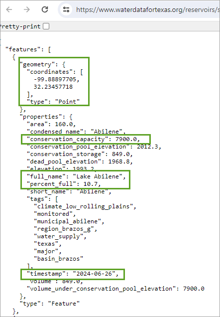 Recent Averaged Storage Conditions in GeoJSON format