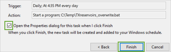 Select Open the properties dialog for this task when I click Finish.