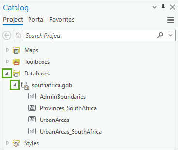 Expanded geodatabase in the Catalog pane