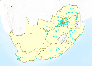 South Africa urban areas selected on the map