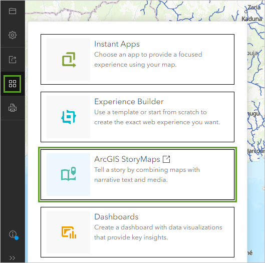 ArcGIS StoryMaps in the Create app menu