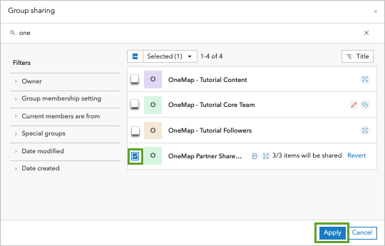 Select OneMap Partner Shared Content in Group sharing