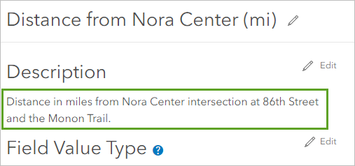 Updated description for the Distance to Nora Center (mi) field