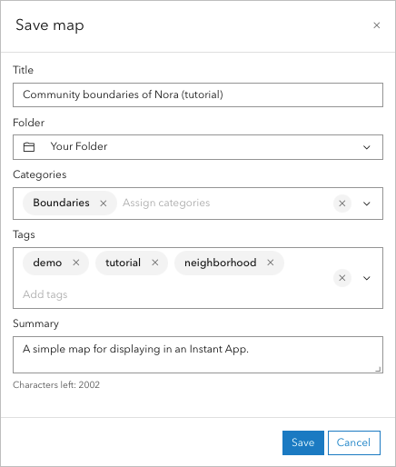 Map properties in Save map window