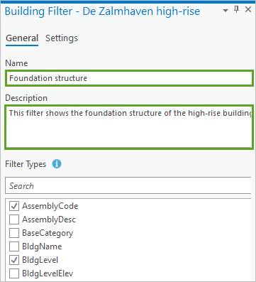 Building Filter Name and Description fields