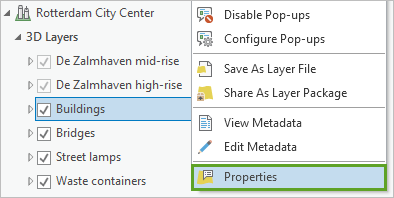 Properties menu option