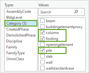 Check the boxes for column, footing, and pile.