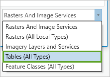 Select Tables (all types) for browsing.