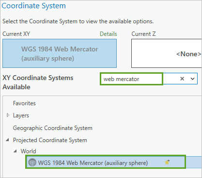 Select the Web Mercator coordinate system