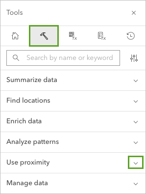 Location of Tools tab and Use proximity expand button