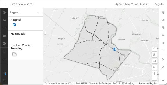 The Site a new hospital web map showing Loudoun County, Virginia, in Map Viewer