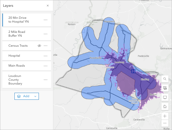 Map with generate travel areas analysis and buffered road analysis