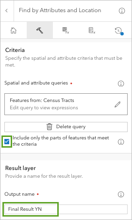 Checkbox for for using parts of features checked and output name set to Final Result