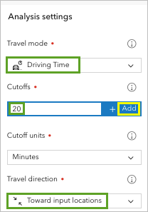 Analysis settings for Travel mode, Cutoffs, and Travel direction