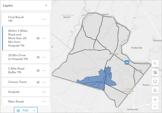 Final result, that is locations that meet all criteria, on the map