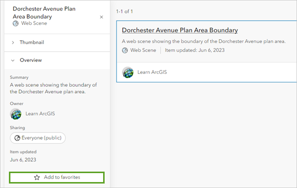 Add to favorites in the details pane for the Dorchester Avenue Plan Area Boundary web scene