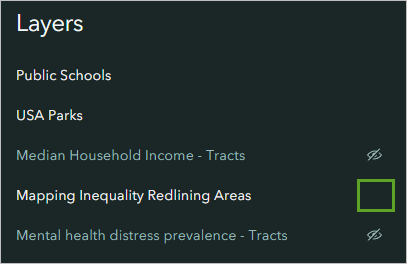 The Mapping Inequality Redlining Areas layer set to visible in the Layers pane