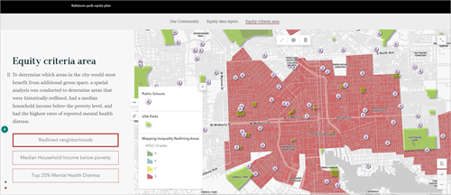 The map for the Redlined neighborhoods map action configured