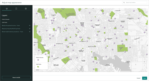 Map extent set in the Adjust map appearance window