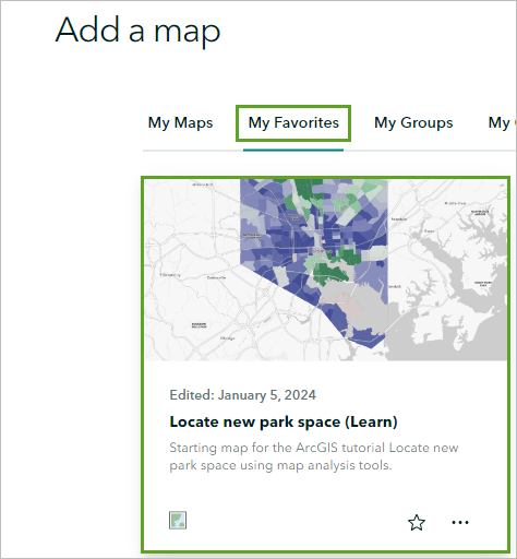 The Locate new park space map on the My Favorites tab in the Add a map window