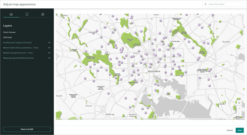 Map layers and extent set in the Adjust map appearance window