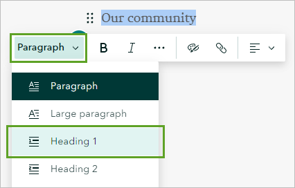 Heading 1 text style for the Our community text