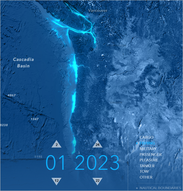 Cascadia Basin area and date set to 01 2019.