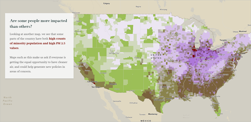 Zoomed out map showing high counts of minority population and high PM 2.5 values.