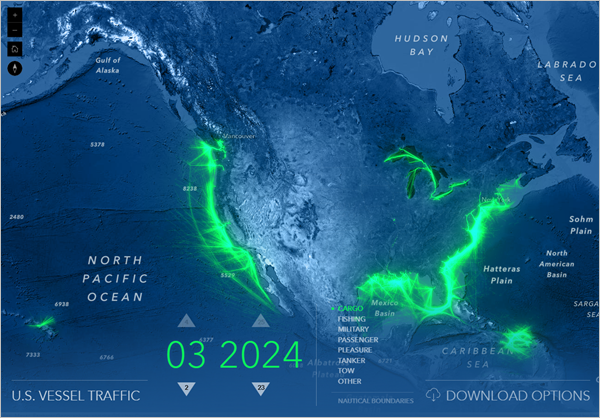 Web application with a map of vessel traffic off the coast of the United States