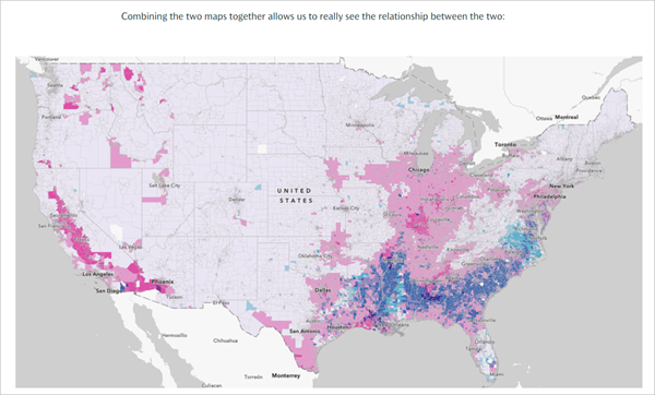 Map showing high percentage of Black population and high levels of PM 2.5.