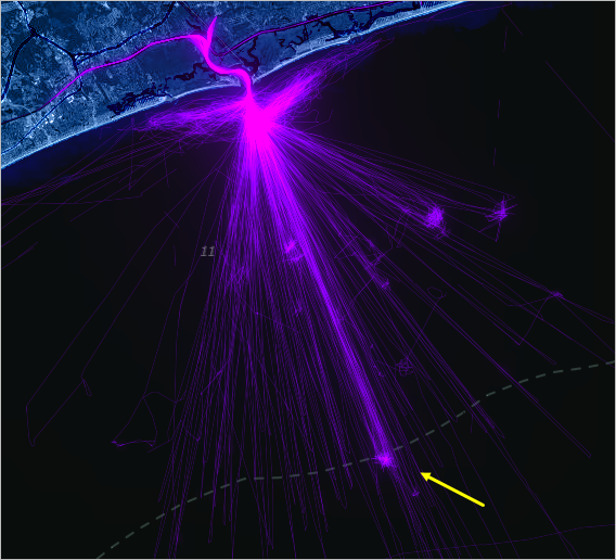 Cluster of vessel route just beyond the nautical boundary