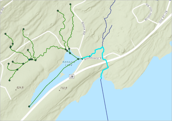 Map showing the downstream trace results